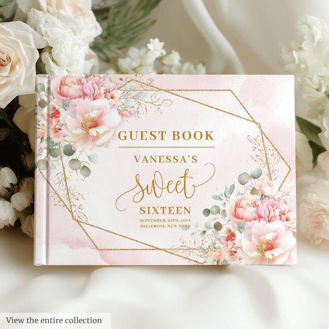 Livre D'or Élégant Sweet sixteen Floral Rose Sage Or (Stylish Blush Pink Sage Gold Floral Sweet Sixteen Guest Book)