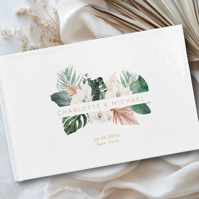 Livre D'or Élégant, tropical, mariage feutré (Personalized, elegant, tropical, leafy wedding guest book with your names and date.)