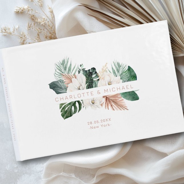 Livre D'or Élégant, tropical, mariage feutré (Personalized, elegant, tropical, leafy wedding guest book with your names and date.)