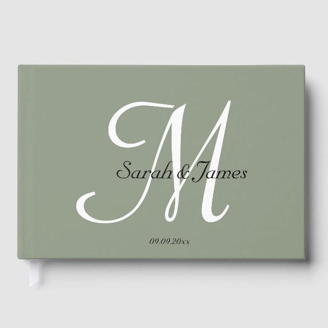 Livre D'or Élégant Vert Sauge Monogramme Script Mariage Fête (Recto)