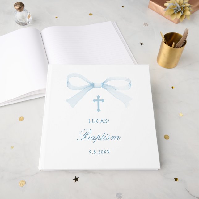 Livre D'or Elegant Watercolor Blue Bow Baptism (Recto ouvert)