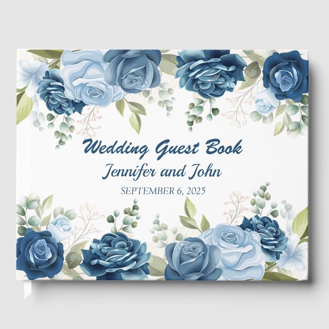 Livre D'or Elégante aquarelle bleu Rose Mariage floral (Recto)