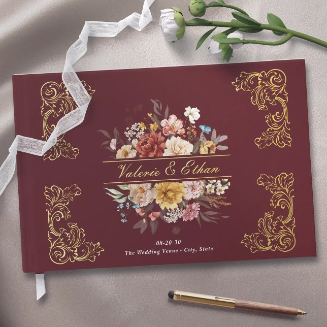 Livre D'or Elégante aquarelle Floral Jardin Mariage Or (Elegant Watercolor Floral Garden Wedding Gold.
Personalized couple names guest book for garden wed.
)