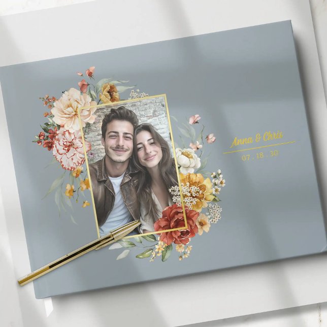 Livre D'or Elégante aquarelle Floral Mariage Photo Gold (Personalized watercolor floral wedding photo guestbook with gold foil. Elegant wedding keepsake.
)
