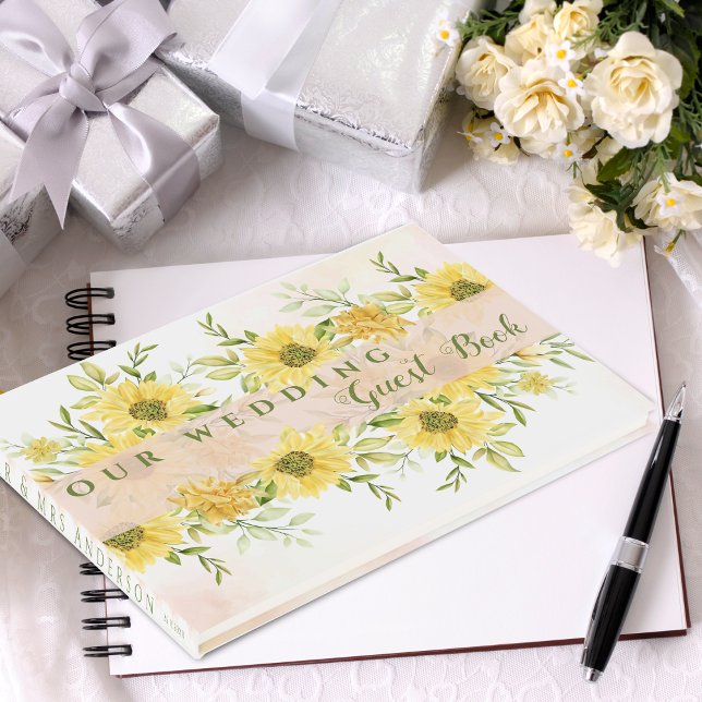 Livre D'or Elégante aquarelle Mariage floral de tournesol jau (Elegant Watercolor Yellow Sunflower floral Wedding Guest Book)