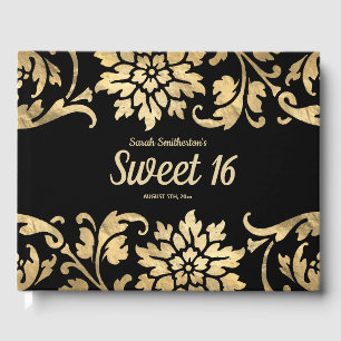 Livre D'or Elégante Black Gold Flowers Sweet 16 Anniversaire