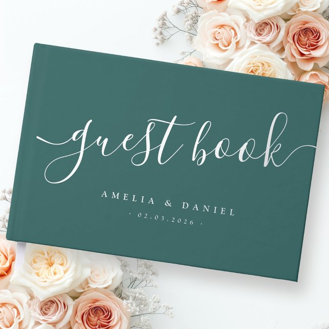 Livre D'or Elégante calligraphie mariage pin vert (Elegant calligraphy wedding pine green foil guest book)