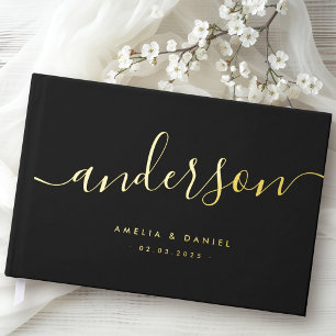 Livre D'or Élégante calligraphie noir mariage vrai feuille