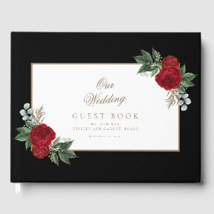 Livre D'or Élégante calligraphie or Rouge Floral Mariage