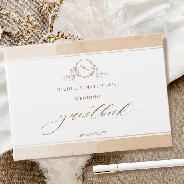 Livre D'or Elégante crème Beige Aquarelle Mariage Monogramme (Créateur téléchargé)