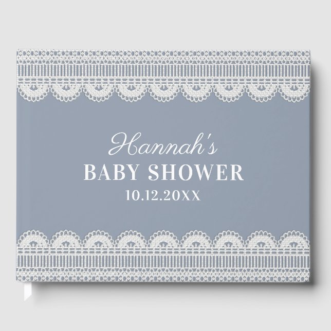Livre D'or Elégante dentelle blanche Dusty Baby shower bleu (Recto)