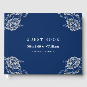Livre D'or Elégante dentelle florale sur Mariage bleu marine
