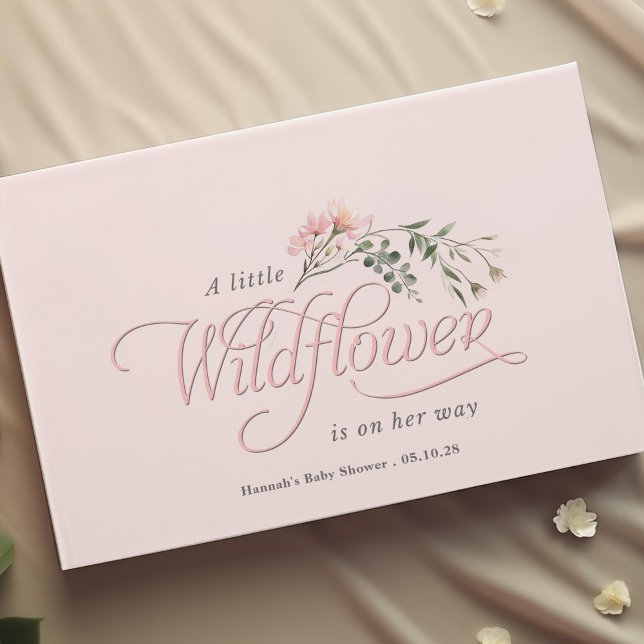 Livre D'or Elégante fosse rose, simple douche bébé fille (Simple pink calligraphy, little wildflower themed baby girl shower guest book.)