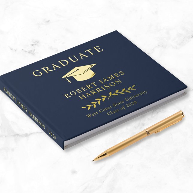 Livre D'or Élégante Gold Foil Blue Graduation Party (Créateur téléchargé)