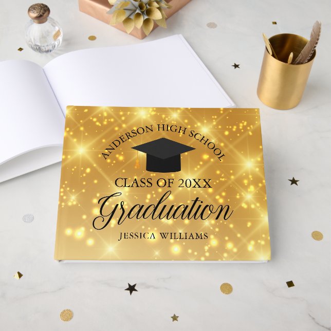 Livre D'or Élégante Gold Sparkle 2025 Graduation Custom Schoo (Recto ouvert)