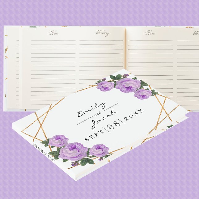 Livre D'or Elégante Parties scintillant or Geo Purple Floral  (Elegant Gold Glitter Geo Purple Floral Wedding Guest Book)