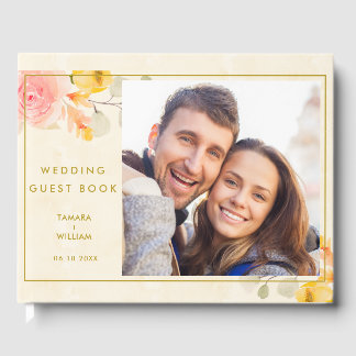 Livre D'or Elégante photo or aquarelle Mariage floral