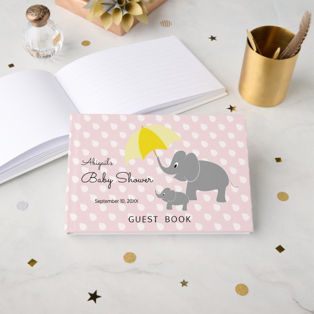 Livre D'or Elephant & Baby Umbrella, Baby shower rose (Recto ouvert)