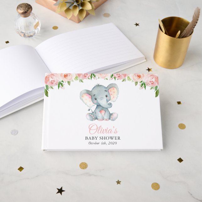 Livre D'or Eléphant, Fleurs d'aquarelle rose, Baby shower (Recto ouvert)