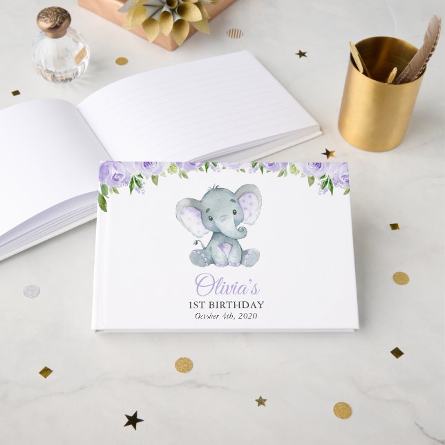 Livre D'or Éléphant Mignon, Fleurs Violettes, Premier Anniver (Recto ouvert)