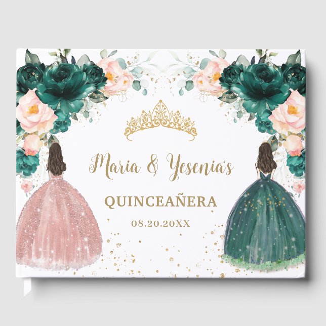 Livre D'or Emerald Green Blush rose Floral Twins Quinceañera (Recto)