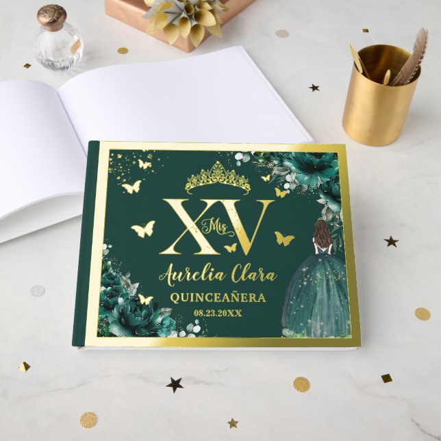 Livre D'or Emerald Green Floral Quinceañera Quince 15 XV Or (Recto ouvert)