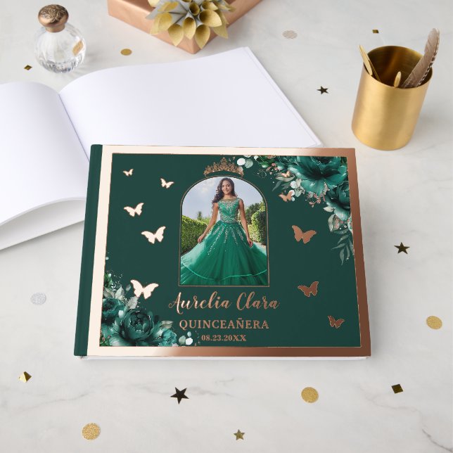 Livre D'or Emerald Green Floral Rose Gold Quinceañera Photo (Recto ouvert)