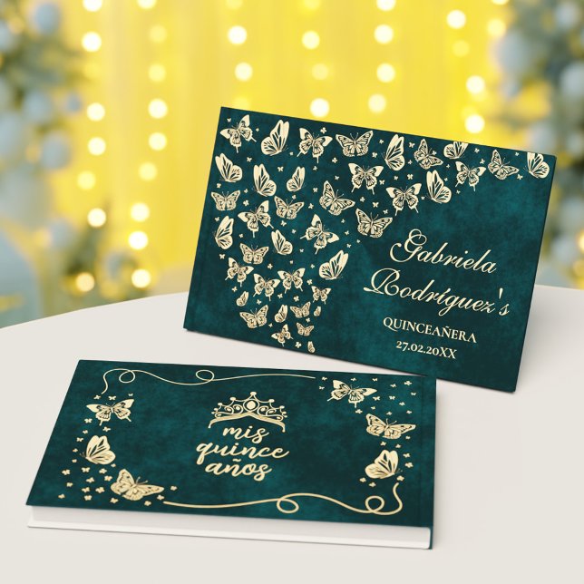 Livre D'or Emerald Green Gold Elegant Butterfly Quinceañera (Emerald Green Gold Elegant Butterfly Quinceañera Foil Guest Book)