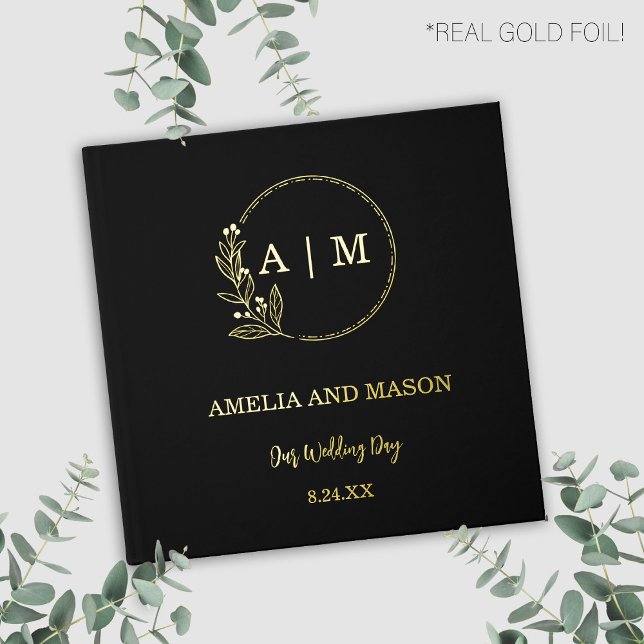 Livre d'or et de noir Mariage de monogramme (Black and gold real foil with floral monogram simple modern elegant)
