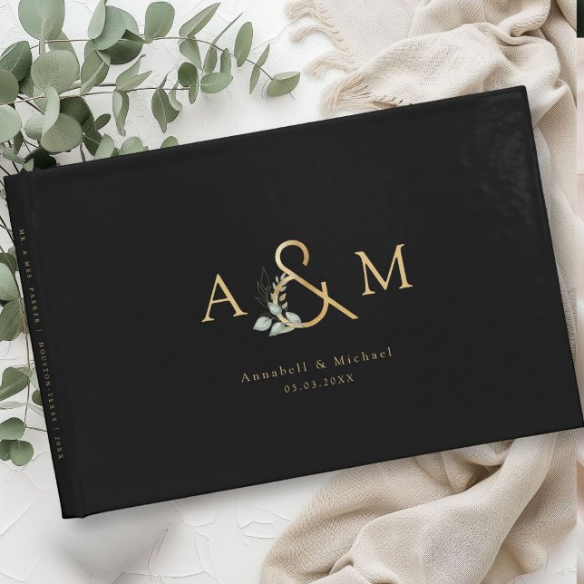 Livre D'or Eucalyptus, Ampersand, Or noir, Mariage (Eucalyptus, Ampersand, Black-Gold, Wedding Guest Book with your namea and date.)