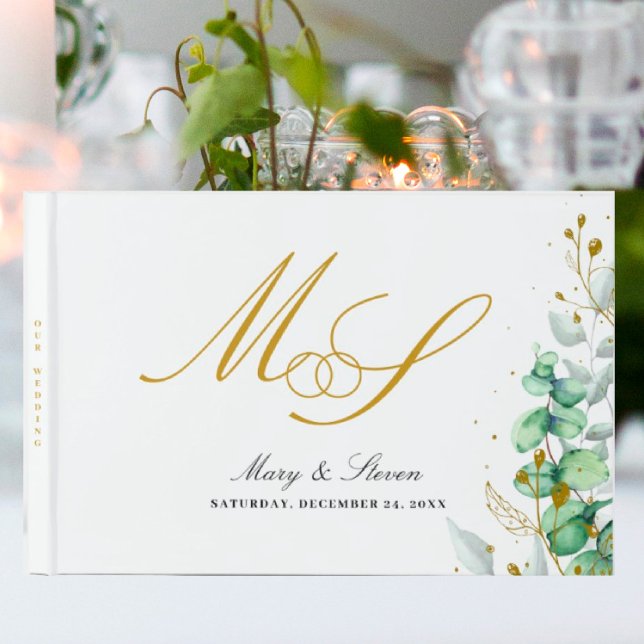 Livre D'or Eucalyptus et or Mariage Monogramme (I wish you happiness))))