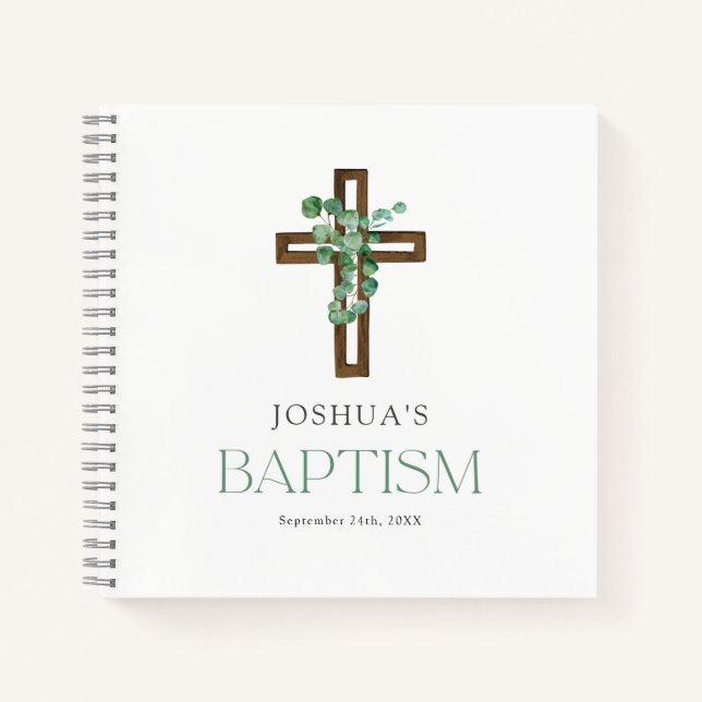 Livre d'or Eucalyptus Modern Cross Baptism (Devant)