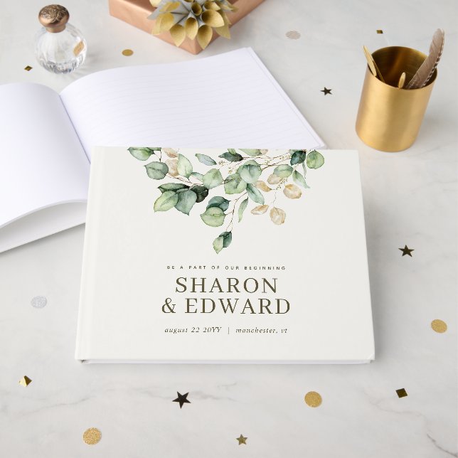 Livre D'or Eucalyptus Verdure & Or Monogramme Mariage Photo (Recto ouvert)