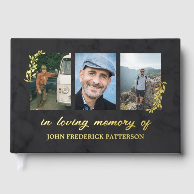 Livre D'or Faint Dark Marbling Gold Twig 3 Photo Memorial (Recto)