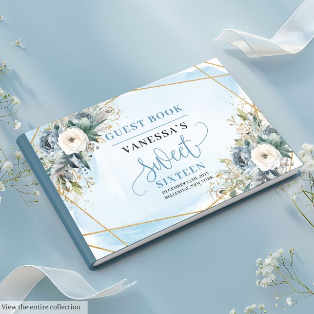 Livre D'or Fairytale Dusty Bleu Bleu Fleurs d'or doux 16e (Fairytale Dusty Blue White Gold Flowers Sweet Sixteen Guest Book)