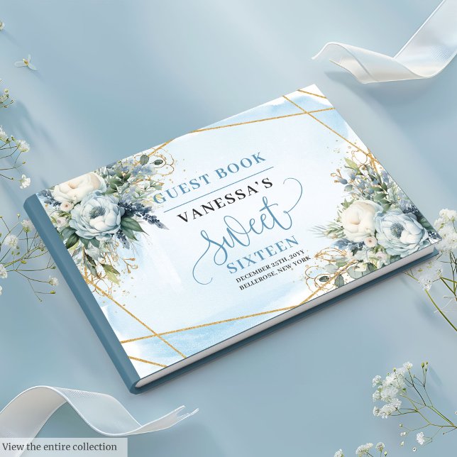 Livre D'or Fancy Pastel Bleu Blanc Or Sweet sixteen Floral (Fancy Pastel Blue White Gold Floral Sweet Sixteen Guest Book)