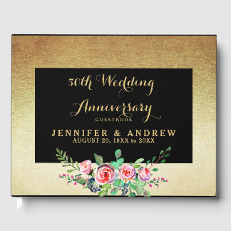 Livre D'or Faux Gold Foil Floral 50e anniversaire Mariage