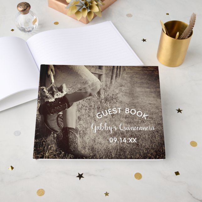 Livre D'or Femme en bottes avec des tournesols Quinceanera (Recto ouvert)