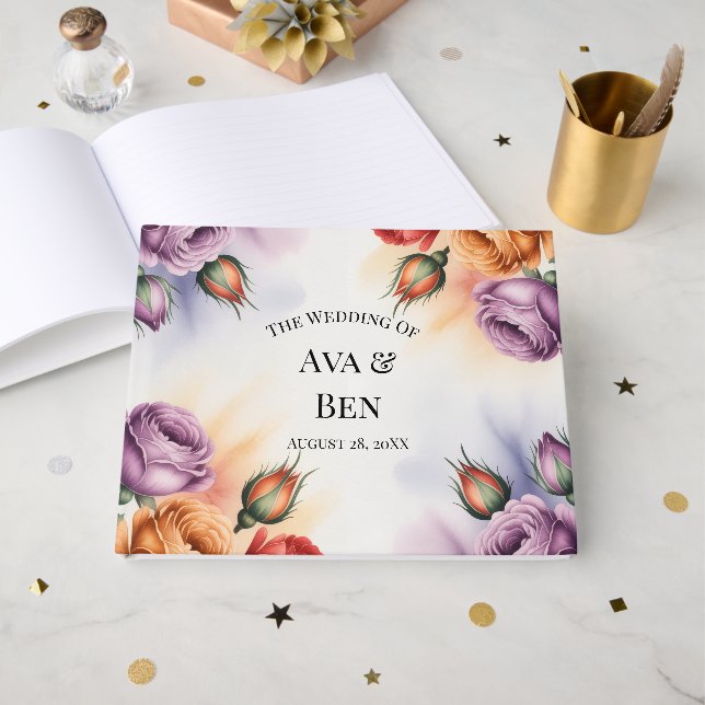 Livre D'or Festive Purple Orange and Red Roses Wedding (Recto ouvert)