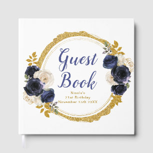 Livre D'or Fête d'anniversaire élégante fleurs bleu marine et