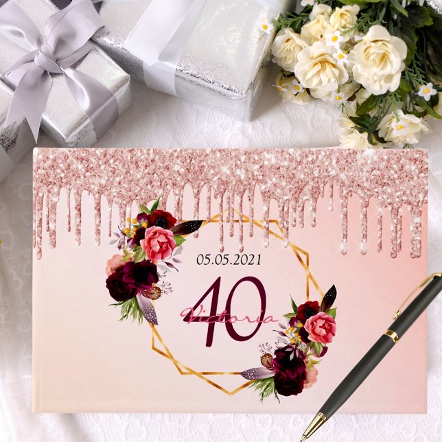 Livre D'or Fête d'anniversaire rousse rose floral gouttes géo (Créateur téléchargé)