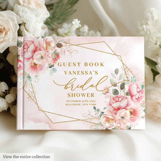 Livre D'or Fête de mariage floral rose poudré avec cadre doré (Elegant Blush Gold Frame Floral Bridal Shower Guest Book)