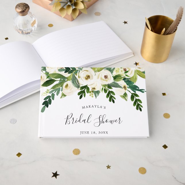 Livre D'or Fête de Mariage Florale au Vert et Roses Blanches  (Recto ouvert)