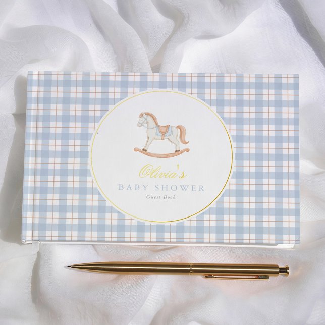 Livre D'or Fête de naissance Cheval à Bascule Gingham Bleu Vi (Créateur téléchargé)