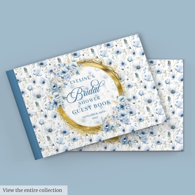 Livre D'or Fête des mariées Chic Pale Blue Gold Flowers (Chic Pale Blue Gold Wild Flowers Bridal Shower Guest Book)