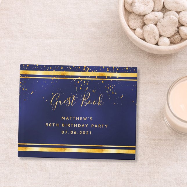 Livre D'or Fête du 90e anniversaire confettis bleu foncé or (Créateur téléchargé)