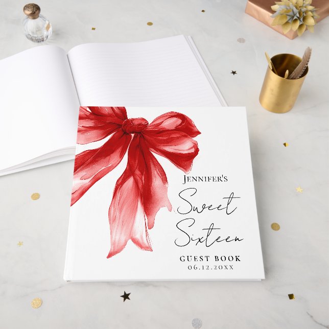 Livre D'or Fête Sweet 16 Script Coquette Ruban Rouge  (Recto ouvert)