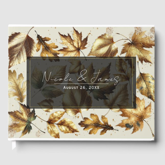 Livre D'or Feuille or  amande beige Mariage de automne glam (Recto)