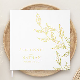 Livre D'or Feuille simple moderne blanc Mariage or