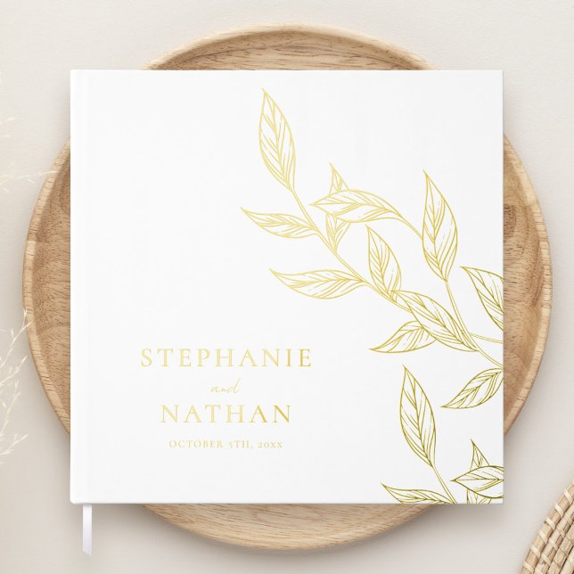 Livre D'or Feuille simple moderne blanc Mariage or (Créateur téléchargé)